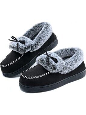 Women's Grey Fuzzy Warm Moccasin Memory Foam Soft Fluffy Closed Back Slippers